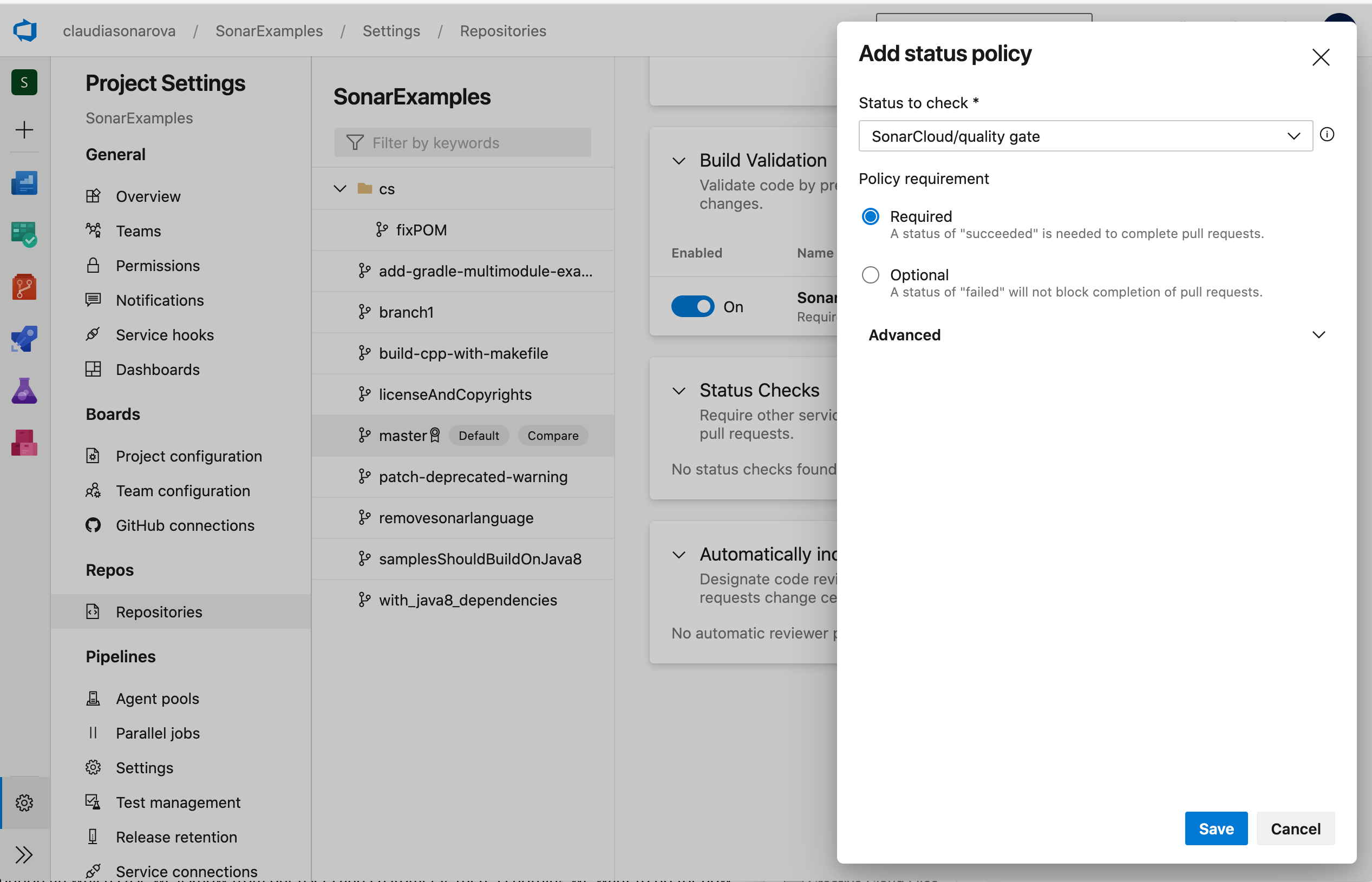 add VSTS status policy